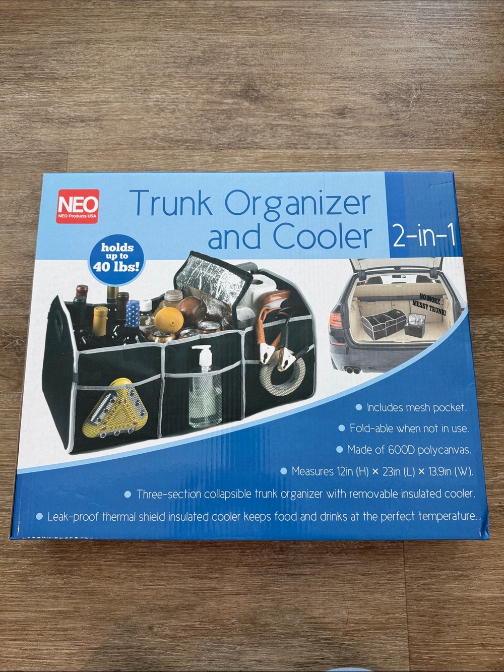 New never used -NEO Black Trunk Organizer and Cooler - 2-in-1 Foldable Storage.